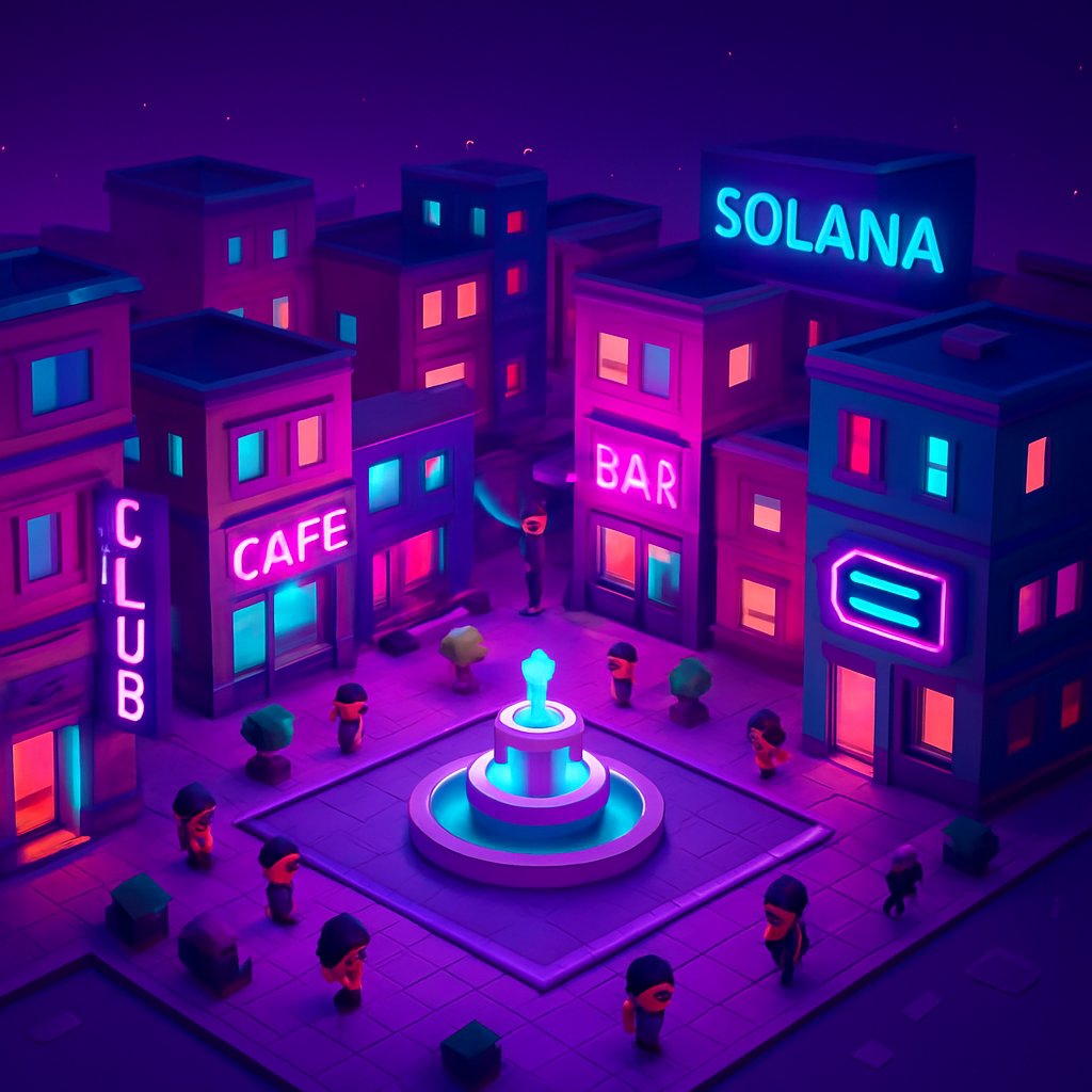 A colorful low-poly 3D social city with neon lights and avatars